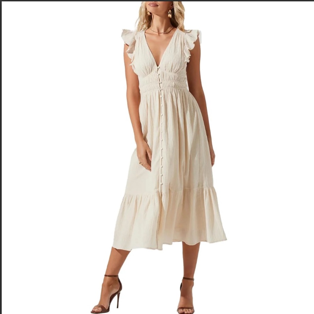 NEW ASTR the LABEL Montreal Ruffled Buttoned Flutter Sleeve MIDI Dress Med NWT